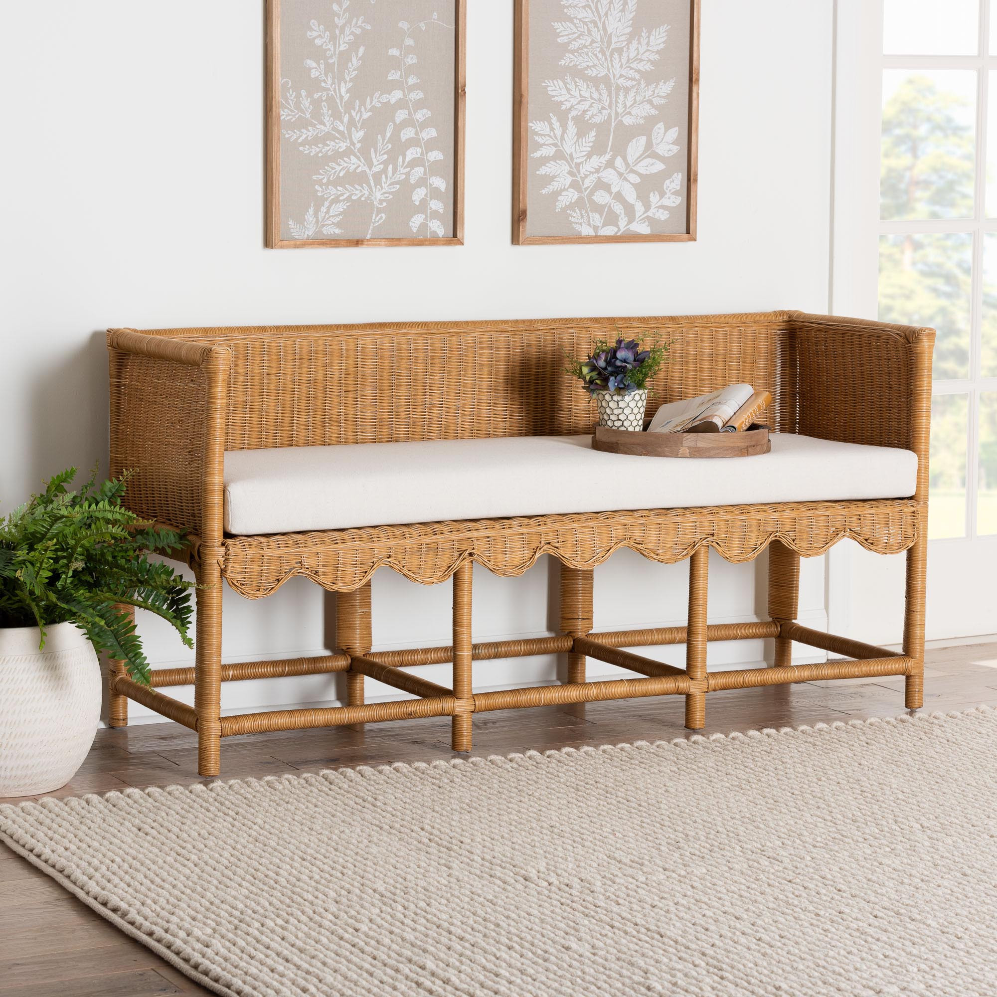 Seranay Scallop Rattan Accent Bench In Light Honey and White | 1stopbedrooms