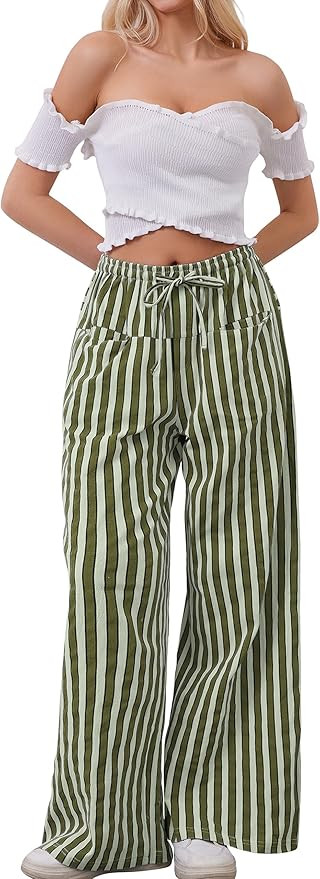 Women Drawstring Stripe Wide Leg Casual Trousers Striped Low Rise Casual Loose Lounge Pants with ... | Amazon (US)