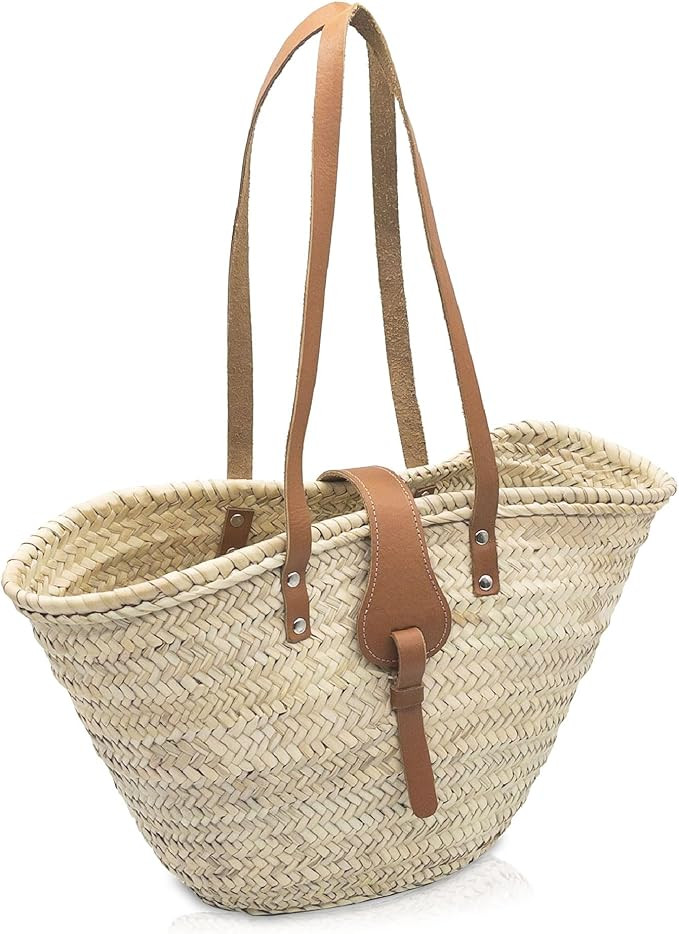 FRENCH BASKET Straw Beach Tote Bag with Leather Handles, Canvas Pouch & Zip Closure, Moroccan Mar... | Amazon (US)