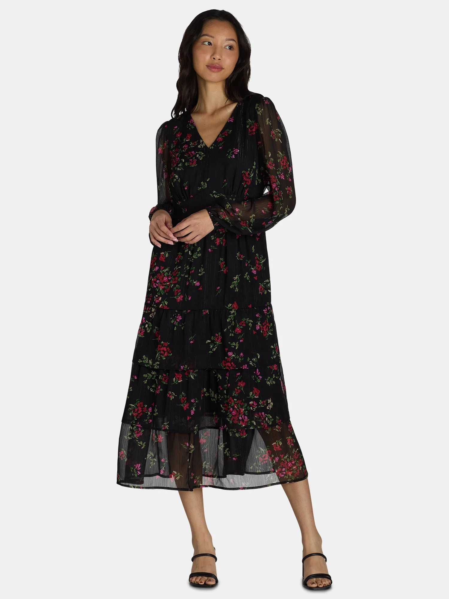 Time and Tru Women's and Women's Plus Print Dress with Long Sleeves, Size XS-4X | Walmart (US)