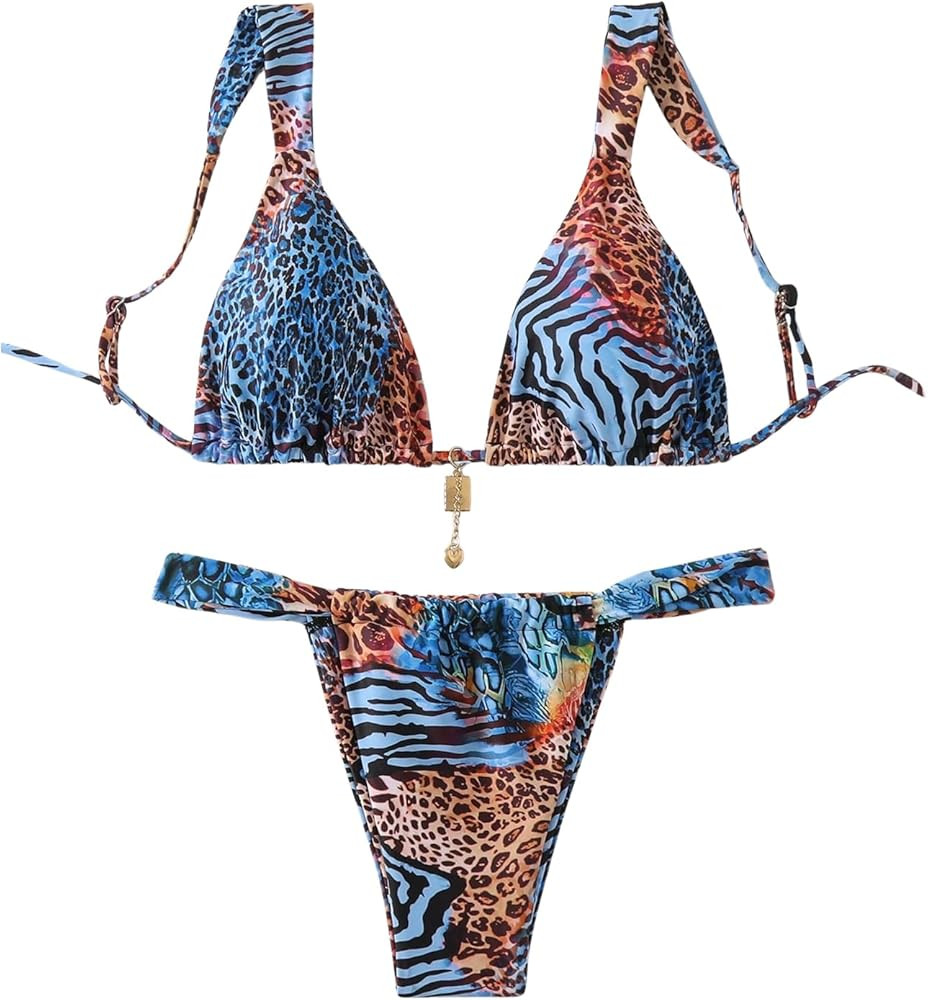 SHENHE Women's Two Piece Swimsuits Triangle V Neck Ruched Brazilian Bikini Set Boho Swimwear | Amazon (US)