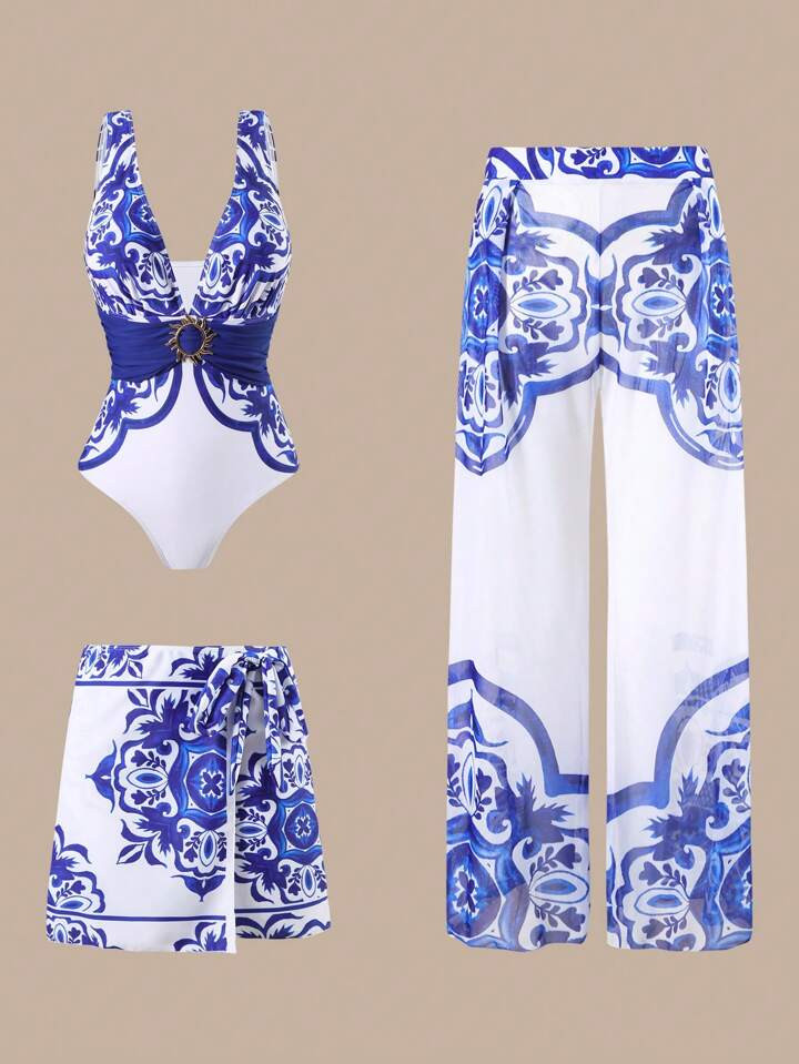 Swim Oasis 2025 New Women 3pcs/Set Printed Swimsuit With Skirt & Mesh Pants, Casual Beach Holiday One Piece Swimsuit Set For Summer | SHEIN