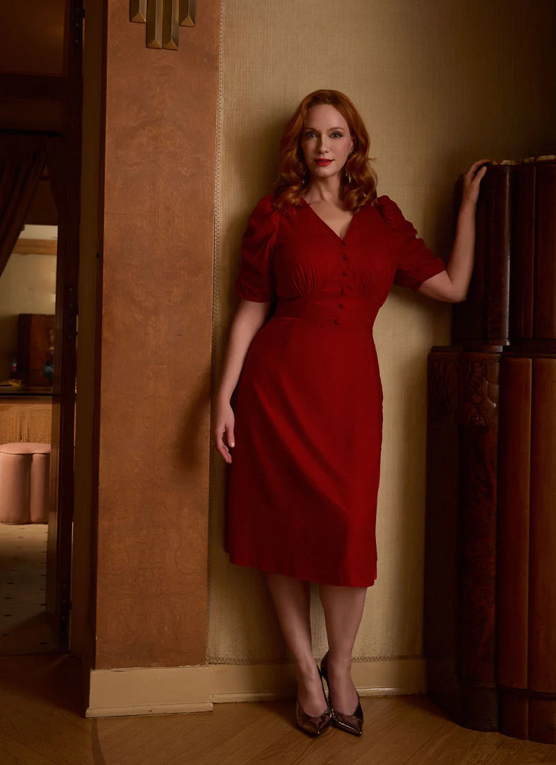 Christina Hendricks X Joanie - Neroli Puff Sleeve Velvet Dress - Scarlett Red | Joanie
