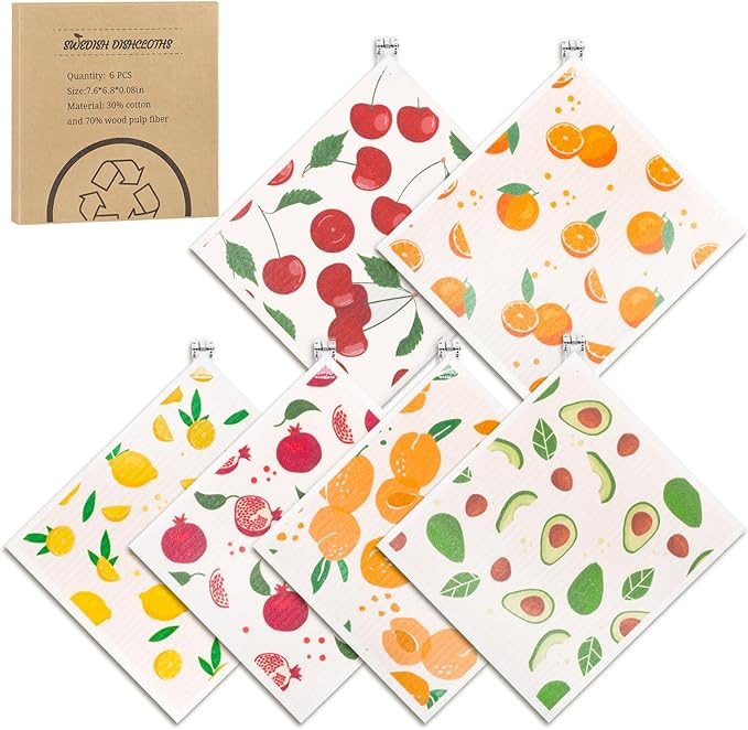 6 Pack Fruit Swedish Dishcloths for Kitchen,Swedish Rags Dish Towels with Clips, Reusable Paper T... | Amazon (US)
