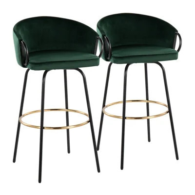 Emerald green velvet swivel bar stools with black legs and gold footrests, set of 2