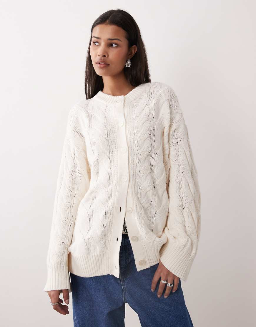 Gina Tricot rich cotton knit cable cardigan in white | ASOS (Global)