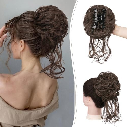 SOFEIYAN Claw Clip Messy Bun Hair Piece Curly Wavy Hair Bun Clip in Claw Chignon Ponytail Extensions Synthetic Tousled Updo with Tendrils Hairpieces Accessories Scrunchies for Women, Brown/Auburn | Amazon (US)