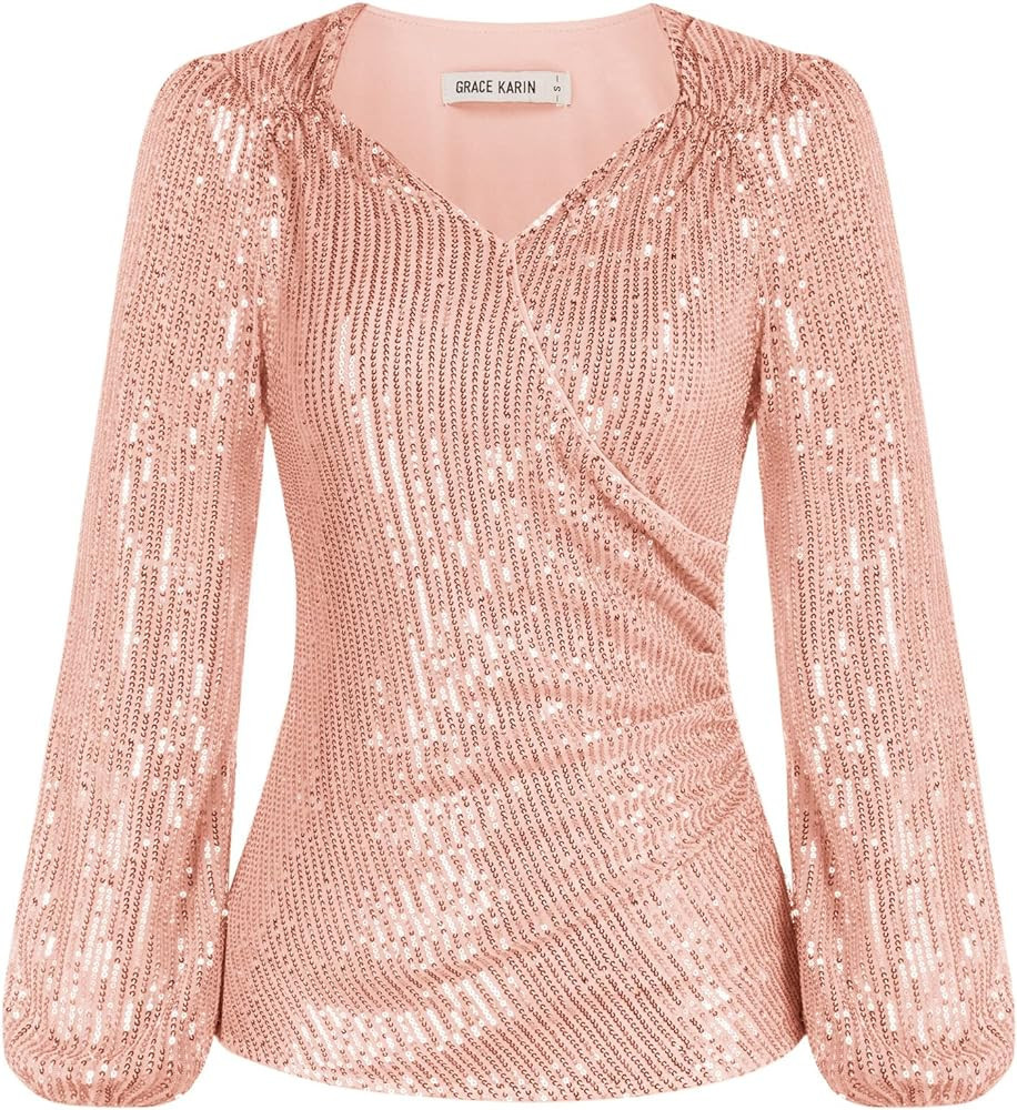 GRACE KARIN Womens Sparkly Sequin Top Long Sleeves Glitter Blouse V Neck Ruched Sparkle Dressy Pa... | Amazon (US)
