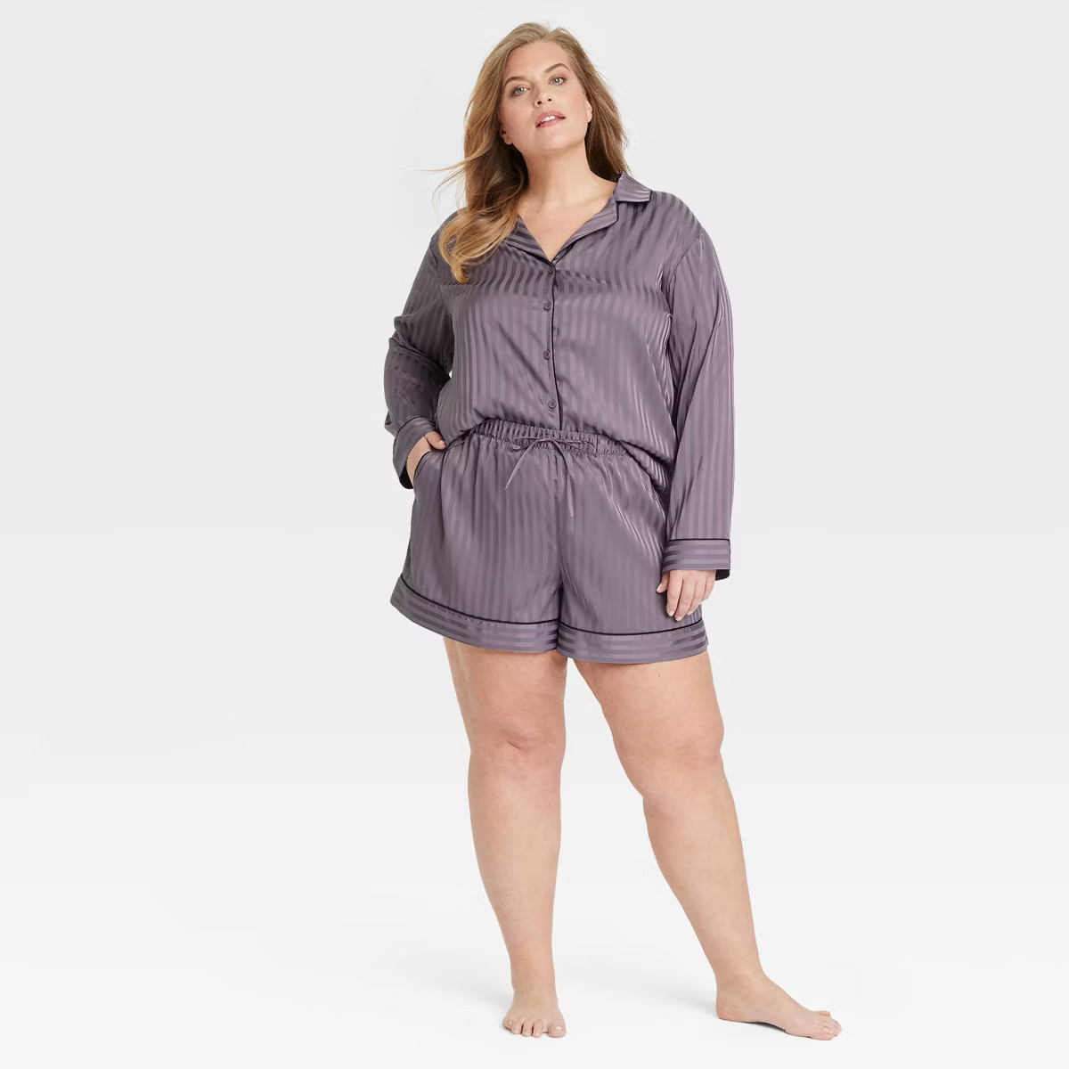 Women's Luxury Collection Shadow Striped Satin Notch Collar Top and Shorts Pajama Set - Auden™ | Target