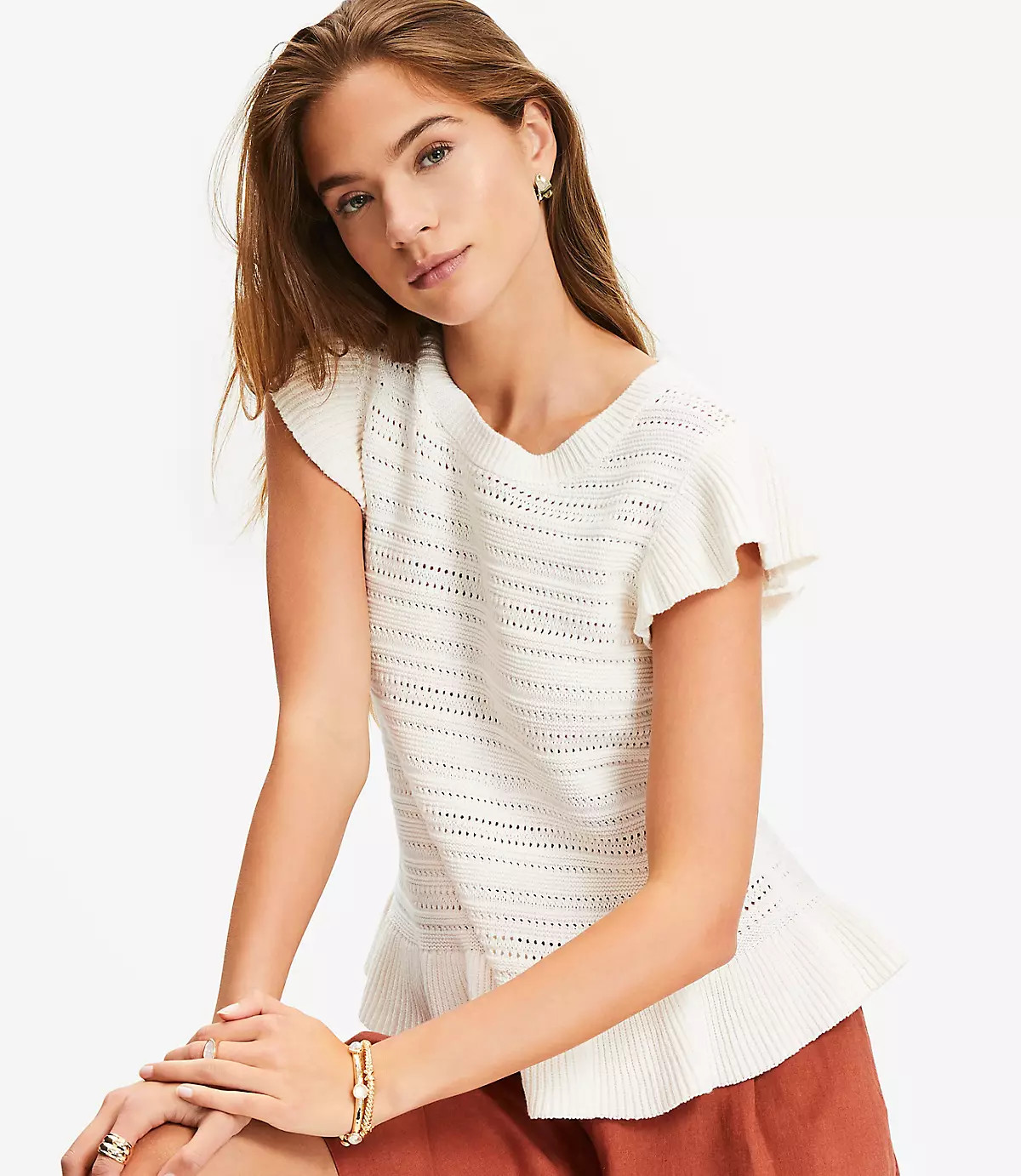 Pointelle Ruffle Sweater | LOFT