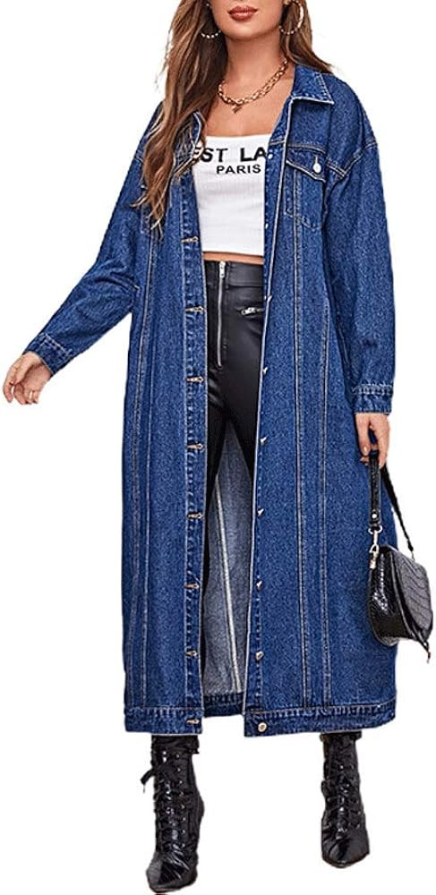 chouyatou Women's Fashion Spring Button Down Midi Long Denim Jean Jacket Trench Coat | Amazon (US)