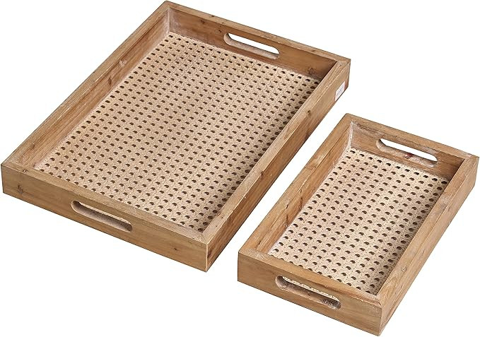 Wooden Rattan Serving Trays Rectangular Set of 2, Nesting Food Coffee Trays for Breakfast Eating, Ki | Amazon (US)