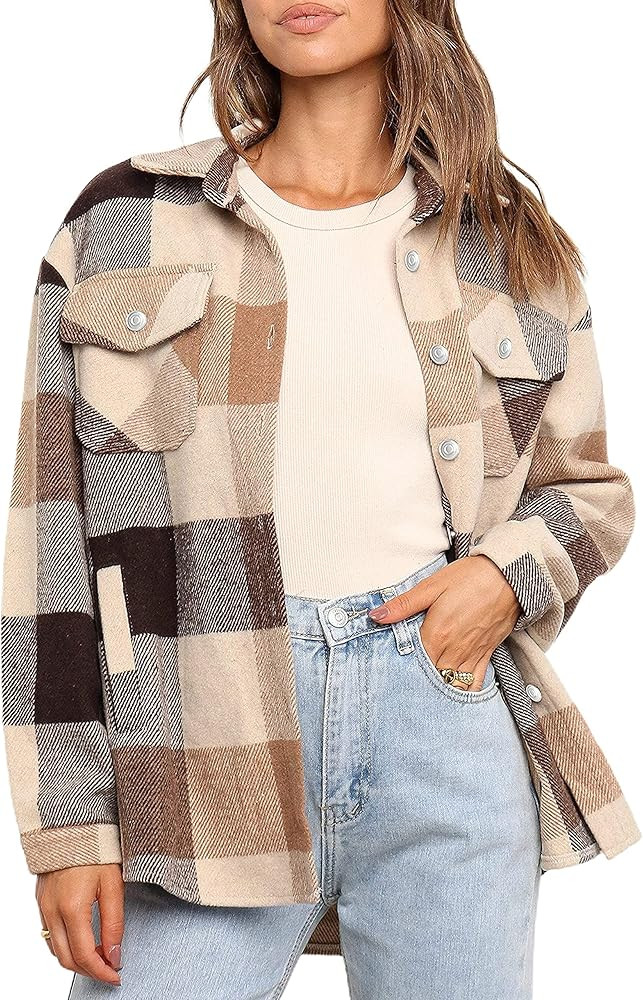Yeokou Women's Casual Wool Blend Botton Down Plaid Shacket Jacket Shirt Coat | Amazon (US)