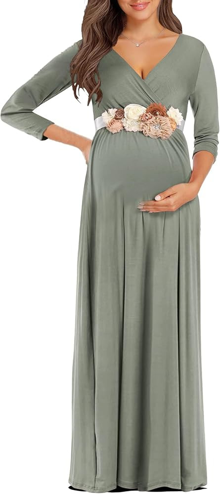 KIM S Maternity Maxi Dress with Flower Sash(S-3XL)/Wrapped Ruched V Neck Photoshoot Baby Shower D... | Amazon (US)