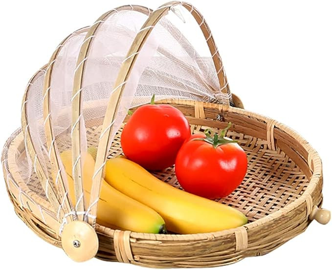 Bamboo Food Serving Tent Basket - Hand-Woven Dustproof Round Picnic Basket with Mesh Gauze Cover ... | Amazon (US)