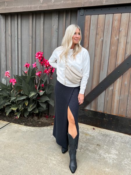 Sweatshirt with just a fancier edge to it from Mott & Bow
Best selling knit skirt 
Jeffery Campbell western boots 
Fall outfit 

#LTKstyletip #LTKfindsunder100 #LTKover40