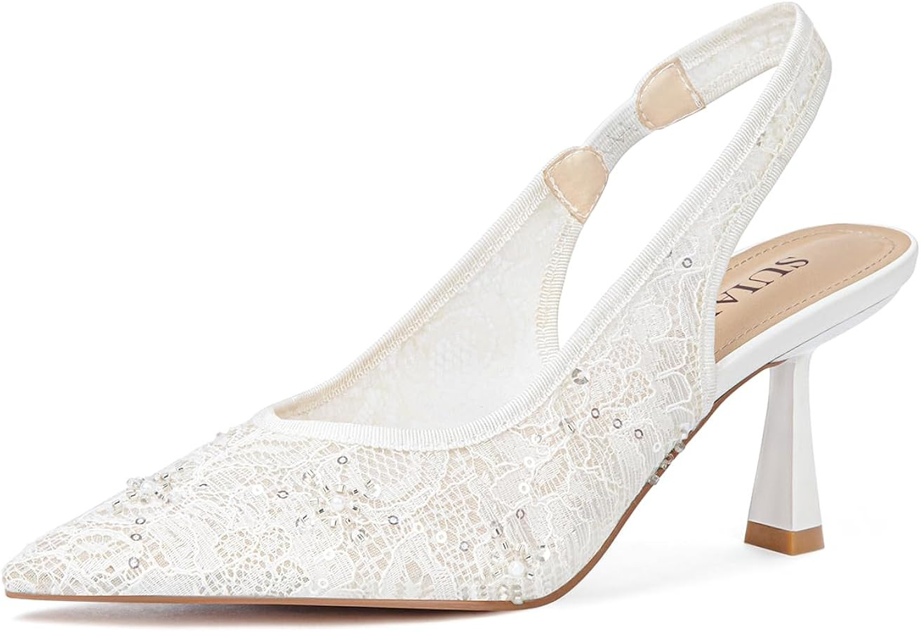 Slingback Wedding Heels for Women Bridal Lace Mesh Kitten Heel Closed Pointed Toe Pearl Pumps Sho... | Amazon (US)