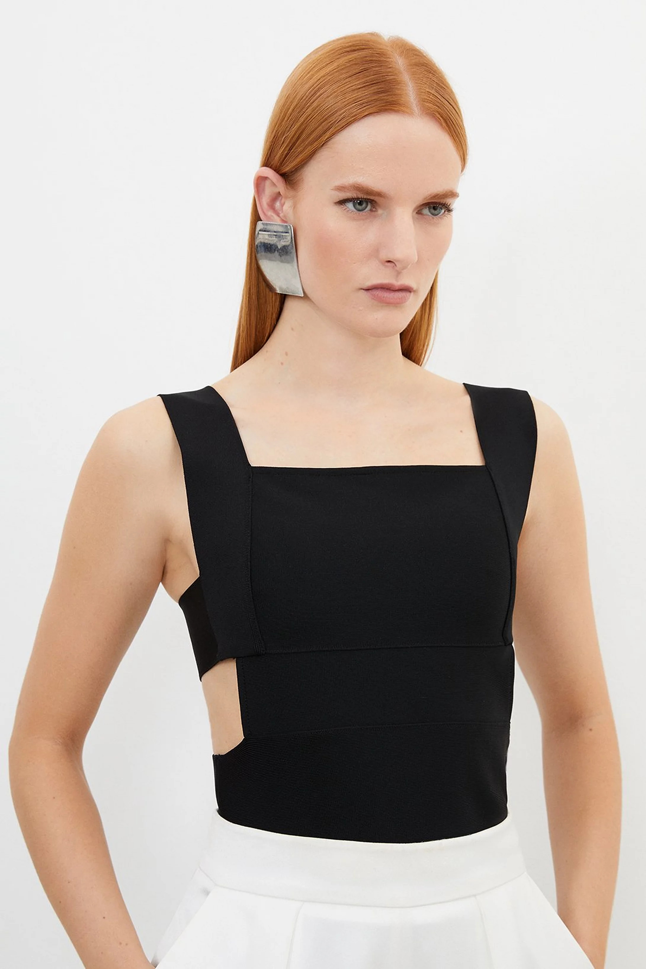 Figure Form Bandage Knit Square Neck Cut Out Top | Karen Millen UK + IE + DE + NL