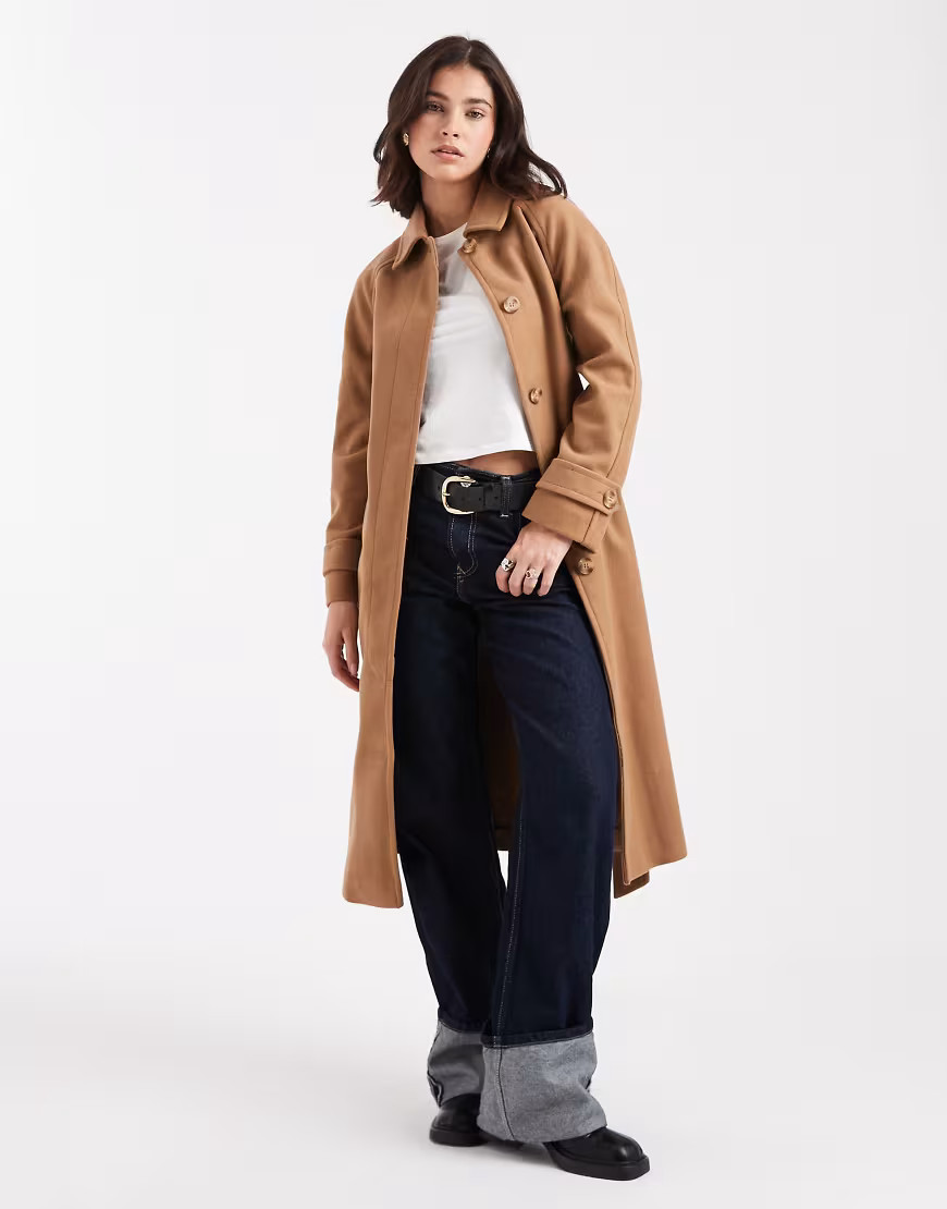 New Look button front belted coat in tan-Brown | ASOS (Global)