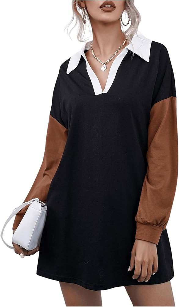 MakeMeChic Women's Casual Dresses Colorblock Collared V Neck Long Sleeve Loose Short Dress | Amazon (US)