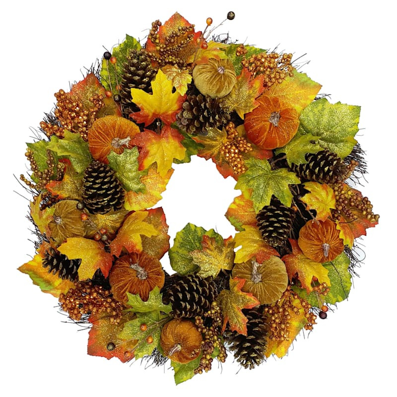 Velvet Pumpkins & Glittered Leaves Wreath, 30" | At Home