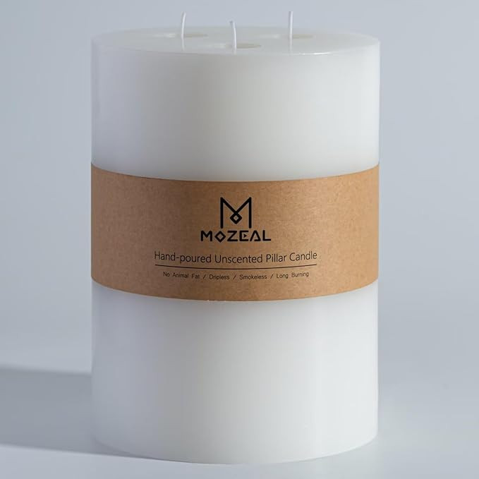 MOZEAL Extra Large 3 Wick White Pillar Candle, 6" x 6", Unscented, Dripless, Smokeless, and Clean... | Amazon (US)