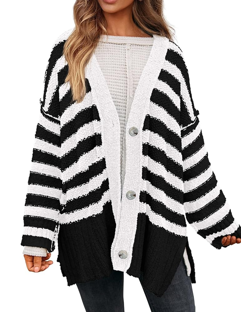 PRETTYGARDEN Women's Winter Striped Cardigan Sweaters Long Sleeve Button Down Open Front Chunky K... | Amazon (US)