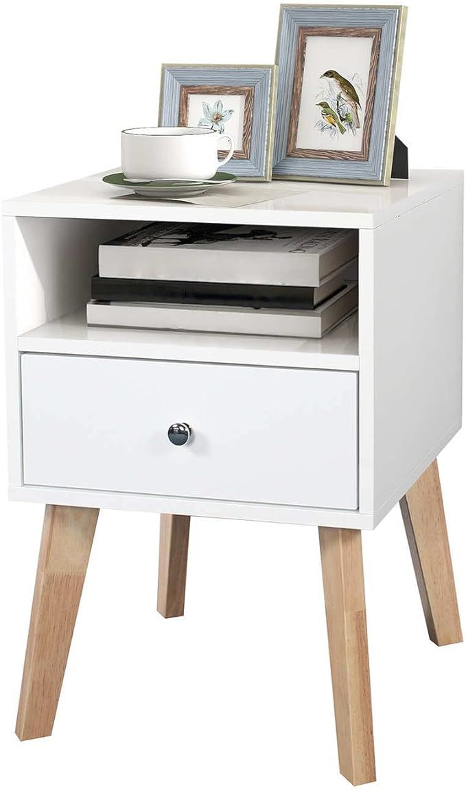UYIHOME White Nightstand Side Table End Table with Storage Drawer and Open Shelf Wood Bedside Tab... | Amazon (US)