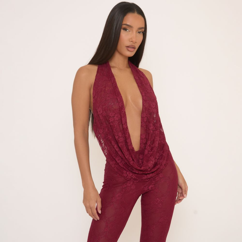 Extreme Cowl Neck Open Back Top In Burgundy Lace | EGO (UK)
