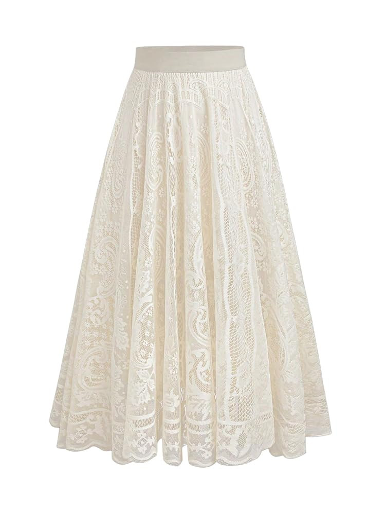Verdusa Women's Plus Size Lace Long Skirts Elastic A Line Flowy Skirt Renaissance Maxi Skirt | Amazon (US)