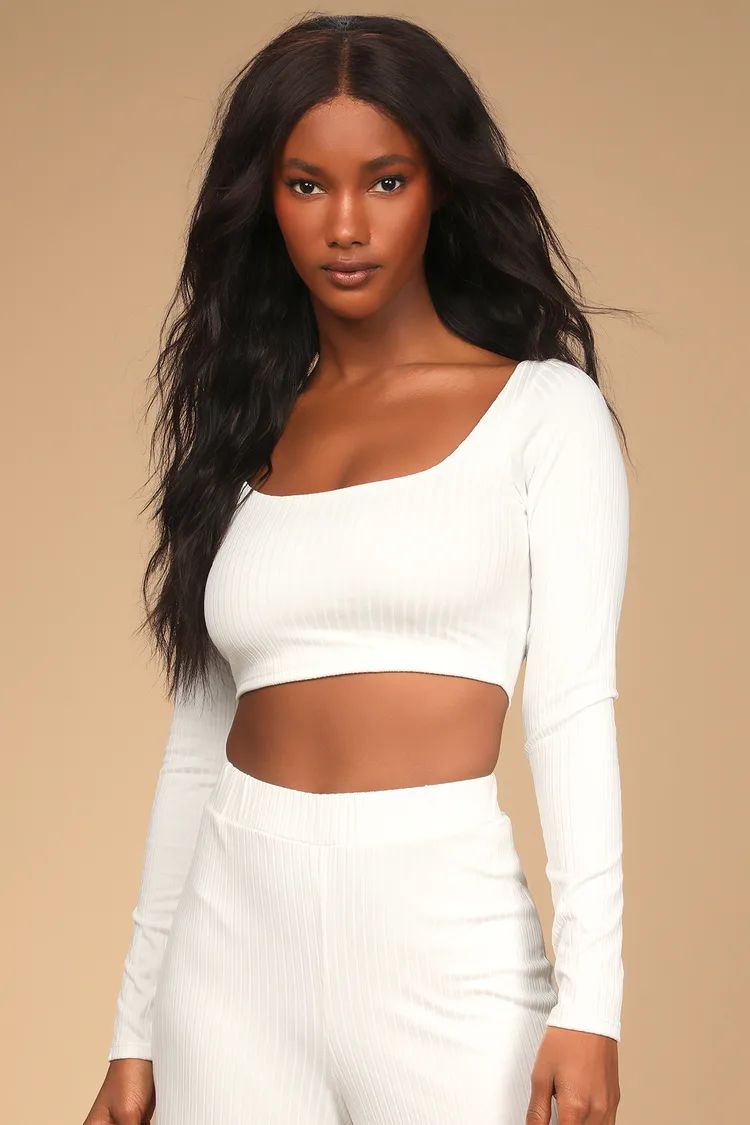 Let's Unwind White Ribbed Long Sleeve Crop Top | Lulus (US)