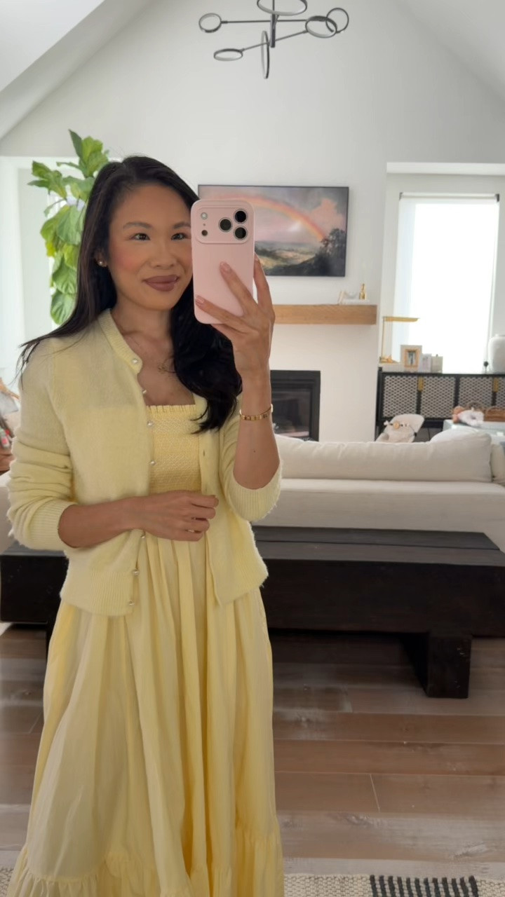 Great spring outfit with yellow convertible midi dress styled with merino wool blend cardigan for a chillier morning! Dress is on sale for 20% off and so is cardigan in blue or red!

#LTKootd #LTKSeasonal #LTKSaleAlert