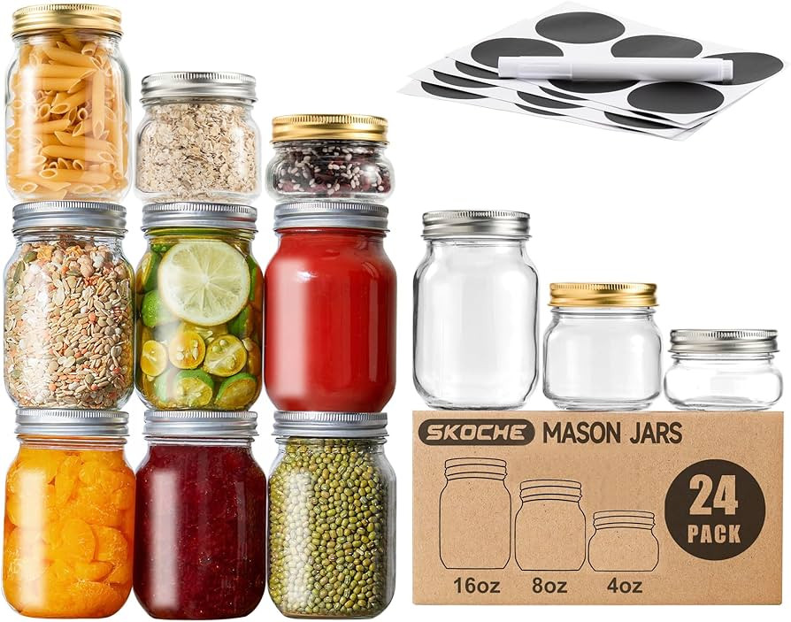 SKOCHE Mason Jars Variety Size 24 Pack - Assorted Size Canning Jars with Airtight Lids and Bands ... | Amazon (US)