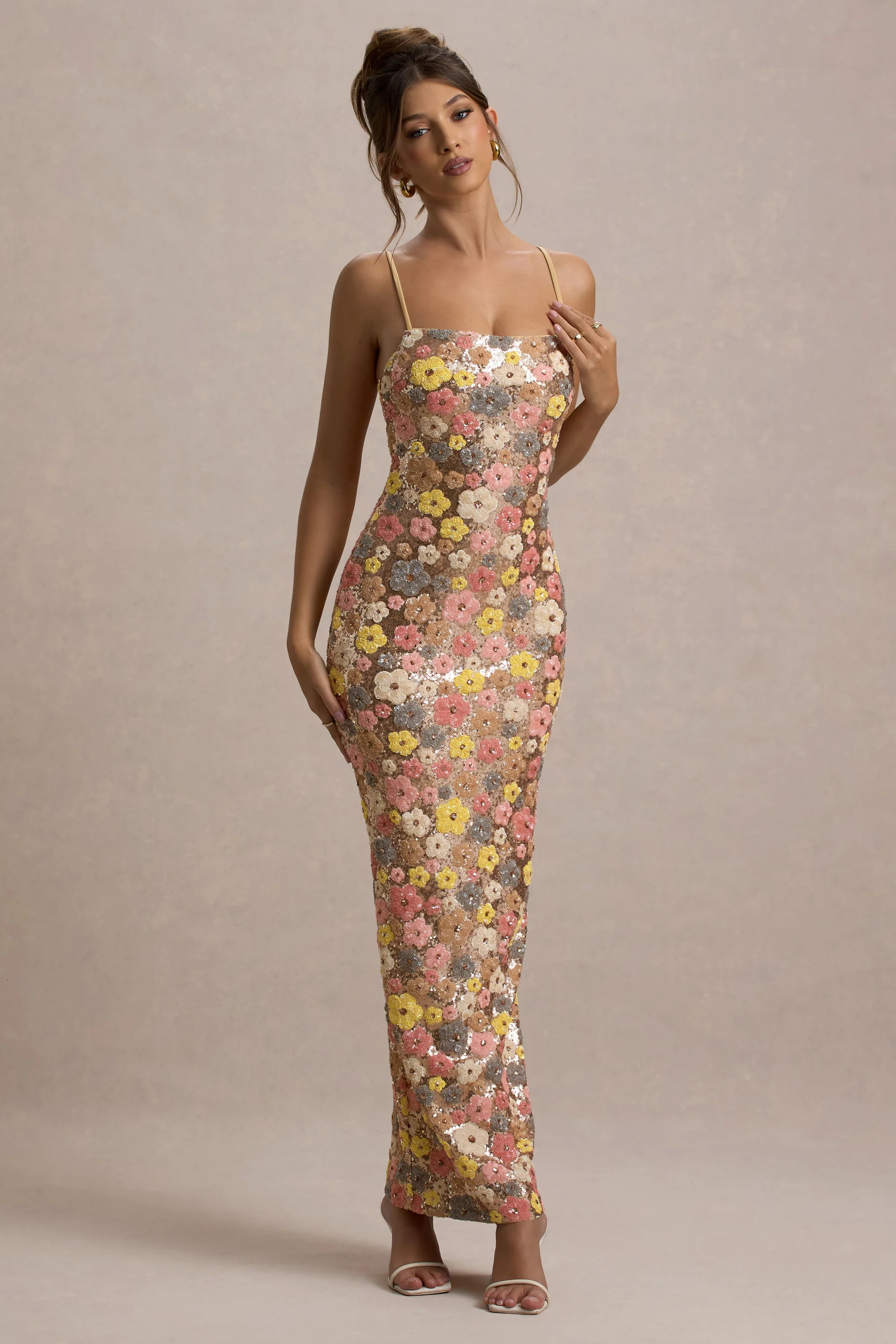 Vitora | Pastel Floral Print Embellished Sequin Square-Neck Maxi Dress | Club L London