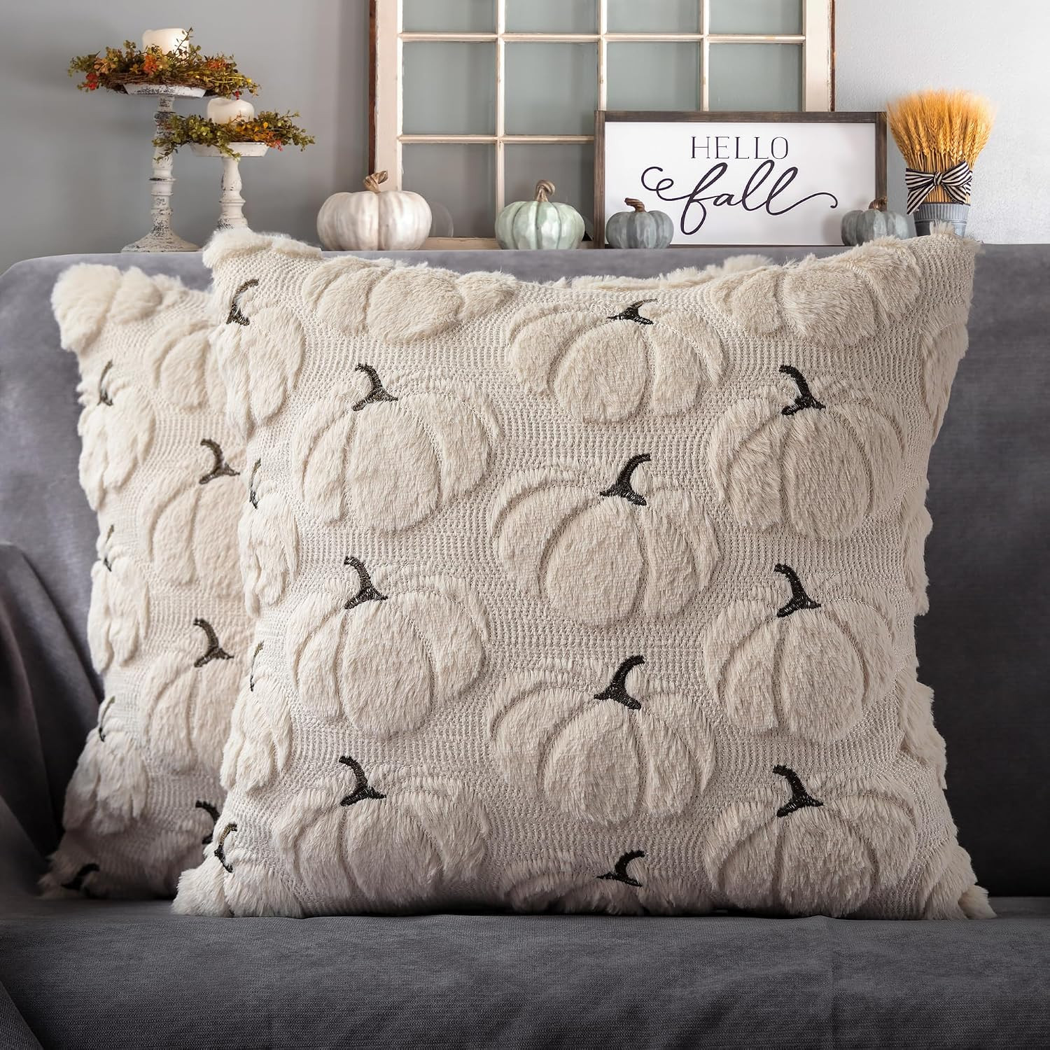 Fall Pumpkins Decorative Pillow Covers 18"x18" Set of 2, Beige Soft Plush Faux Fur Throw Cushion Cases for Autumn Thanksgiving Holiday Home Decorations | Amazon (US)