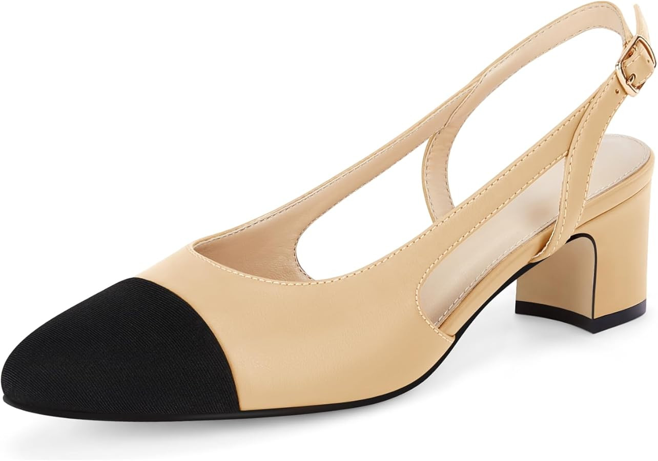 Coutgo Womens Slingback Heels Kitten Low Heel Dress Shoes Sling Back Pumps Chunky Block Elegant O... | Amazon (US)