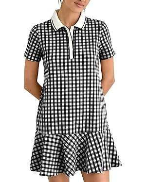 LTSCNRM Women's Gingham Polo Dress Short Sleeve V Neck Ruffle Hem Mini Dress Plaid Golf Tennis Ca... | Amazon (US)