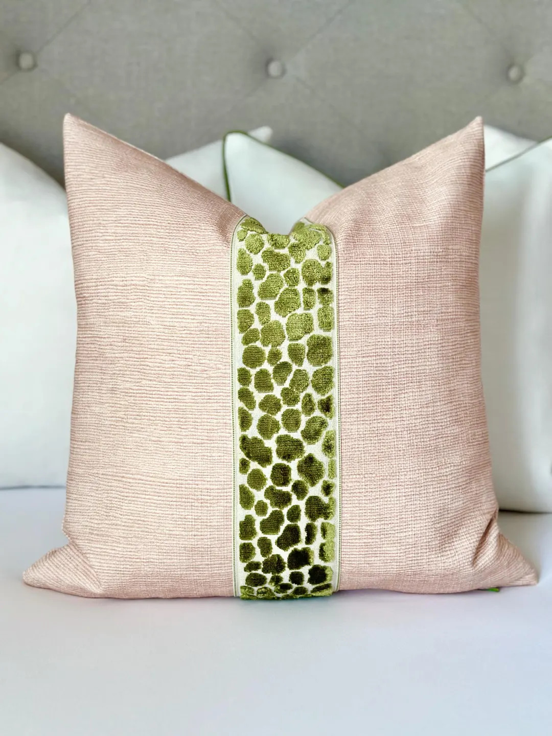 Blush Throw Pillow Cover With Green Cheetah Decorative Tape Detail | Modern Blush Pillow Cover, P... | Etsy (US)