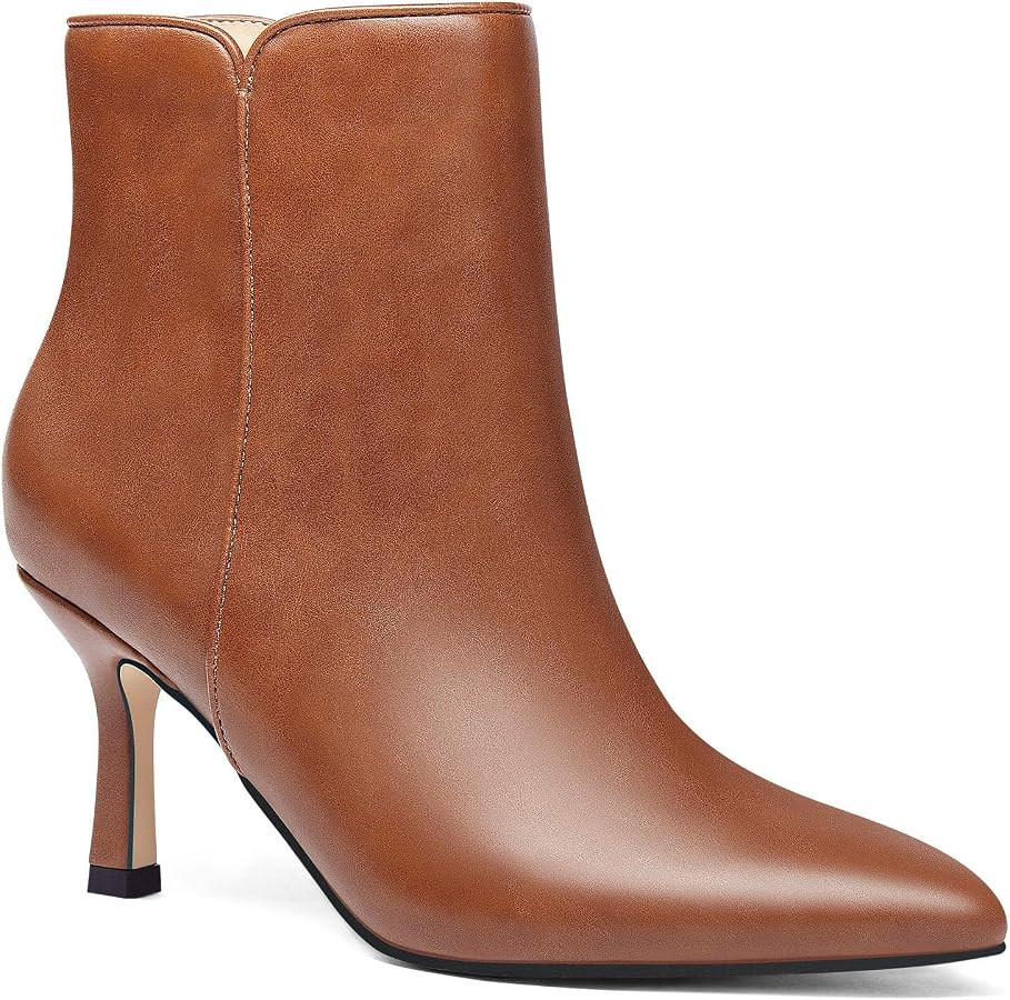 Coutgo Women's Kitten Heel Booties Pointed Toe Low Stiletto Side Zipper Ankle Boots Shoes | Amazon (US)