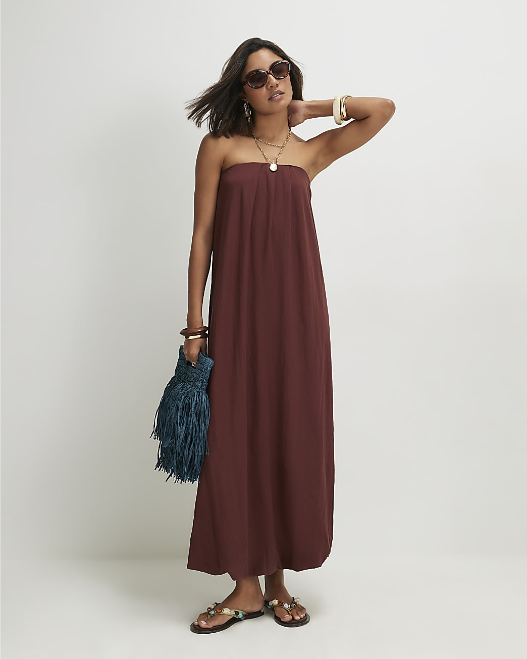 Brown Bandeau Maxi Dress | River Island UK & IE