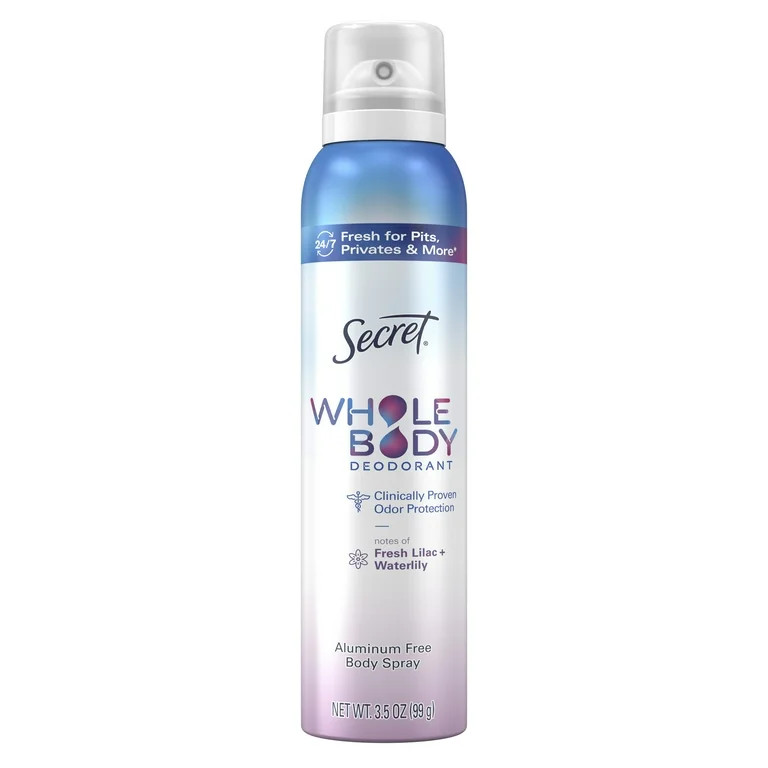 Secret Whole Body Aluminum Free Spray Deodorant for Women, Lilac & Waterlily 3.5oz | Walmart (US)