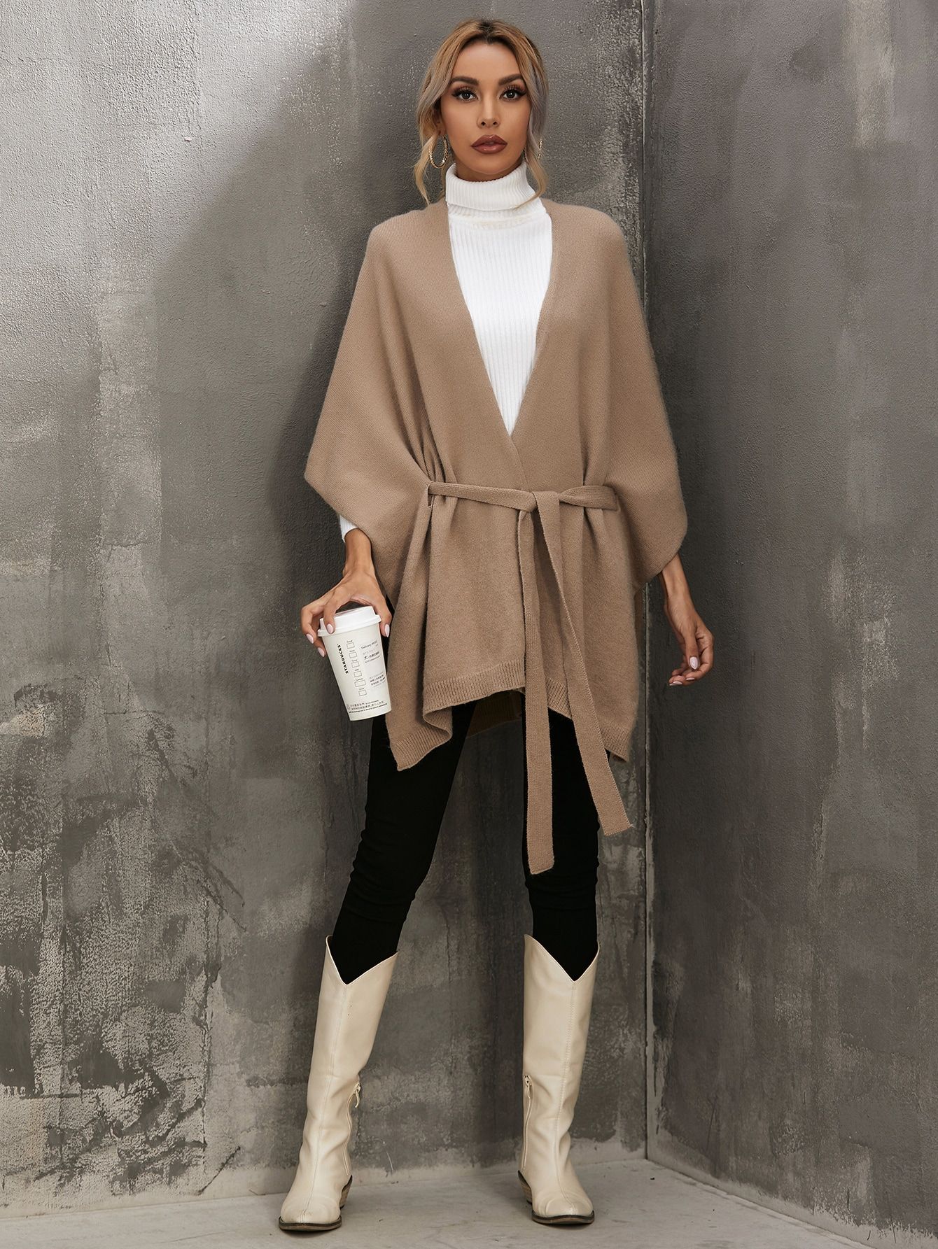 Solid Belted Wrap Cape | SHEIN