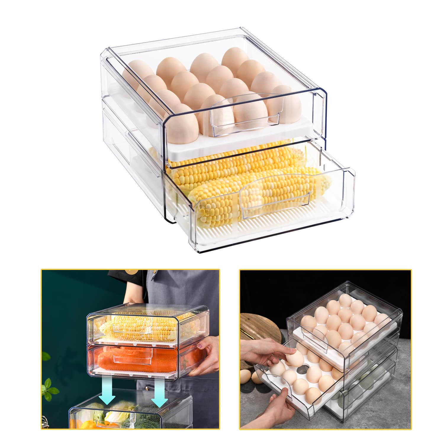 32 Grid Large Capacity Egg Holder for Refrigerator, Double Layer Drawer Type, Multi-Function Stor... | Amazon (US)