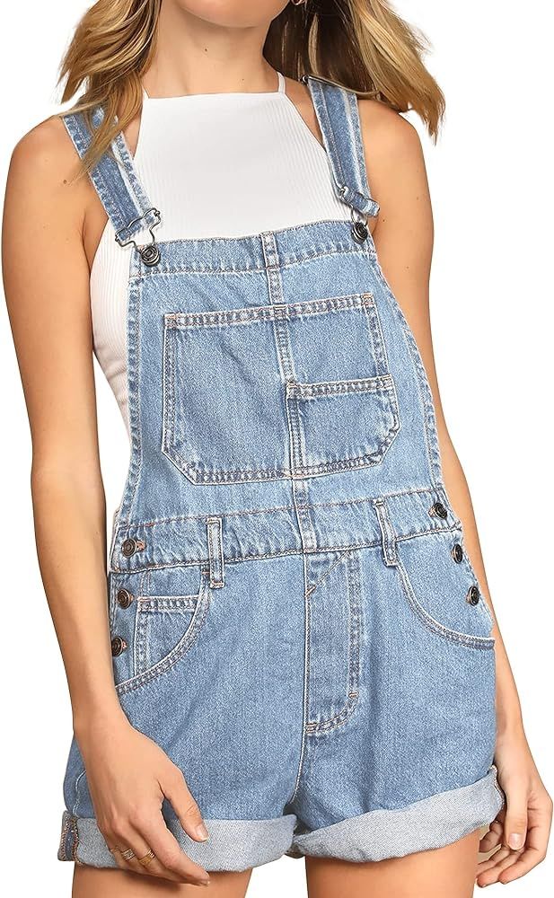 Hixiaohe Women's Classic Denim Shortalls Adjustable Strap Bib Overall Shorts Romper Cuffed Hem Jean  | Amazon (US)