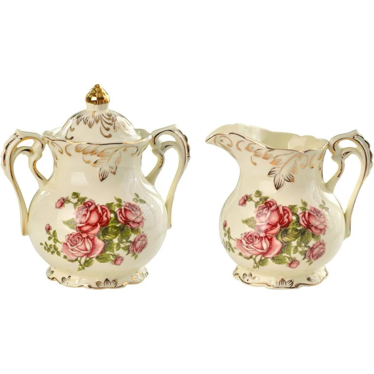 GBBG Ceramic Sugar and Creamer Set, Vintage Porcelain Pitcher Creamer Sugar Bowl with Lid, Pink R... | Walmart (US)
