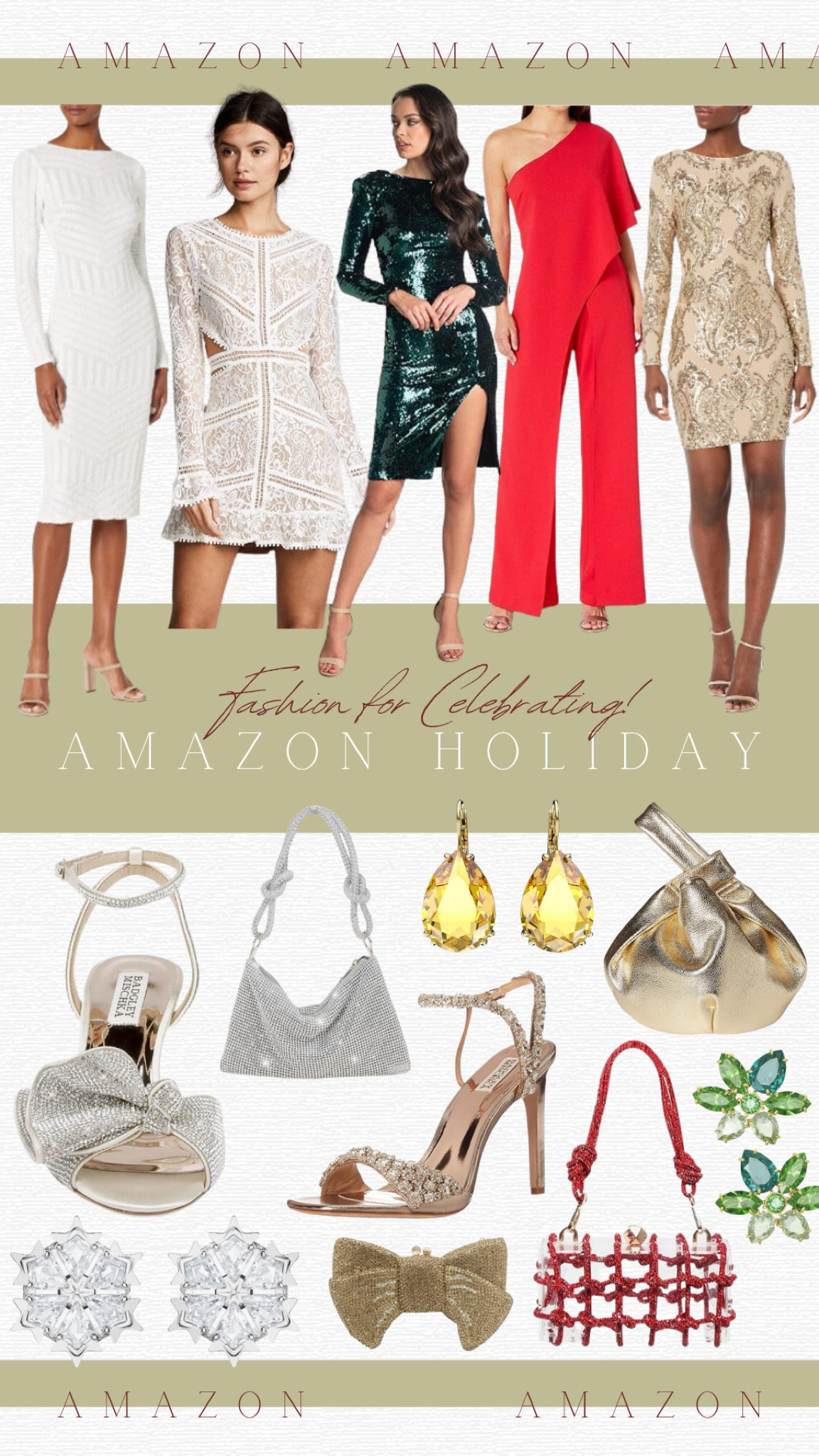 Fashion for celebrating! Amazon holiday fashion finds. Glitter, sparkles, sequin formal dresses, women’s fashion. Gold, white, red, emerald green short and midi dresses. Red jumpsuits. Sequined hand bags, clutches, high heels, statement jewelry. Earrings.

#LTKstyletip #LTKHoliday #LTKparties