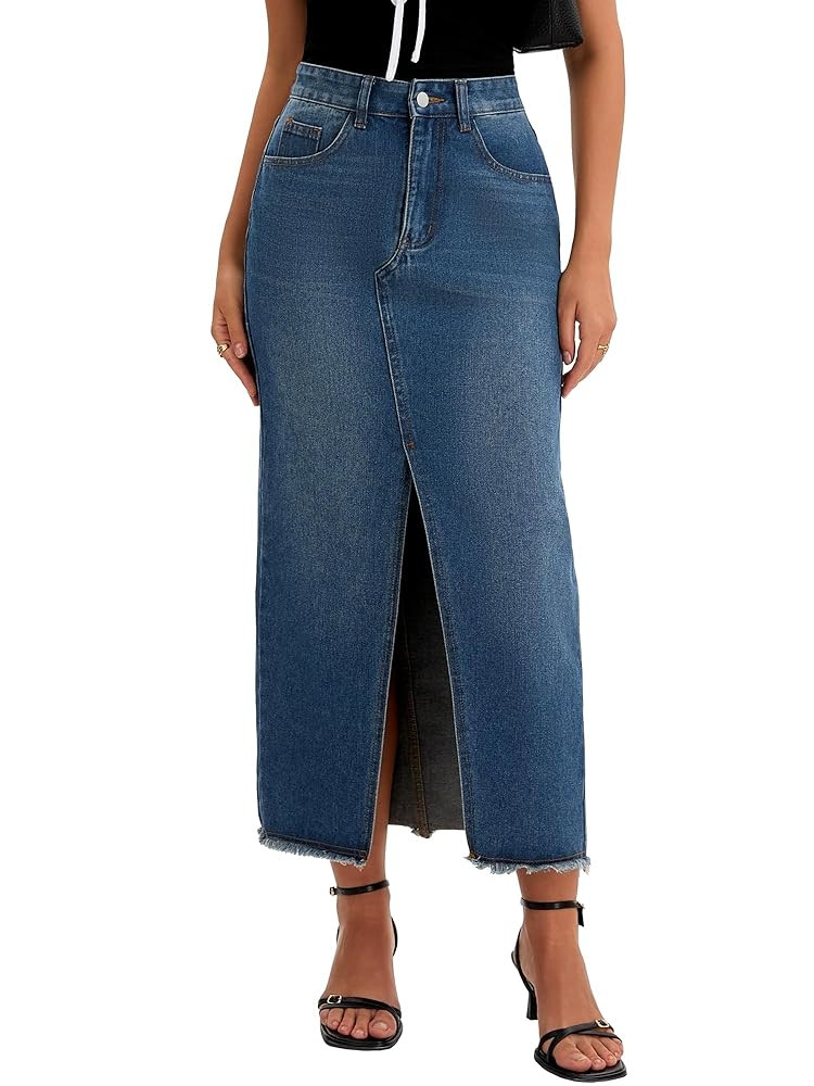 Women's Denim Skirt High Waist Split Front Raw Hem Washed Maxi Jean Skirts | Amazon (US)