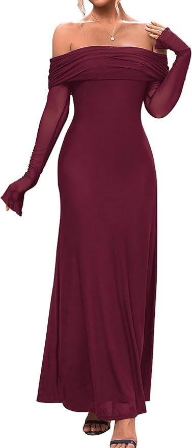 KUTUMAI Women Off Shoulder Bodycon Maxi Dress Long Sleeve Mesh Ruched Party Formal Wedding Guest ... | Amazon (US)