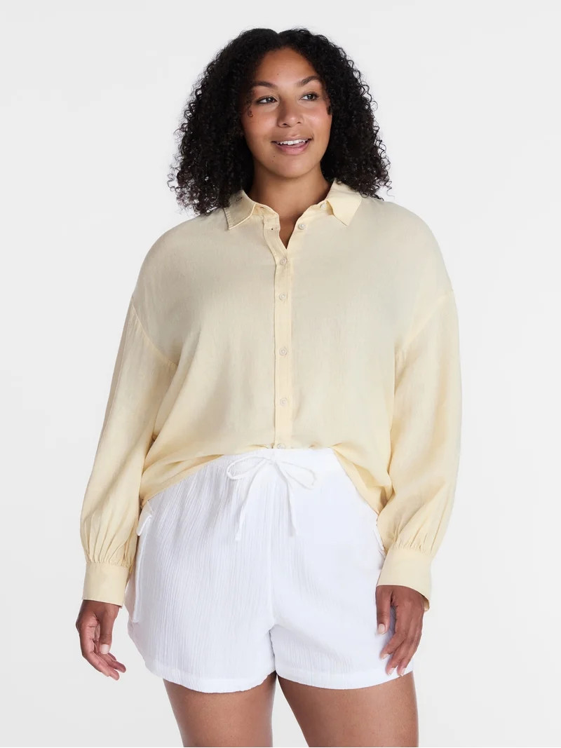 Time and Tru Women's Linen Blend Button Front Cropped Top with Long Sleeves, Sizes XS-XXXL | Walmart (US)