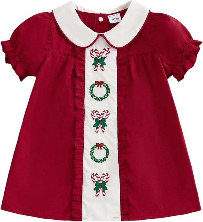 Toddler Baby Girl Christmas Outfit Santa Claus/Reindeer/Tree Embroidery Plaid Short Sleeve Smocke... | Amazon (US)